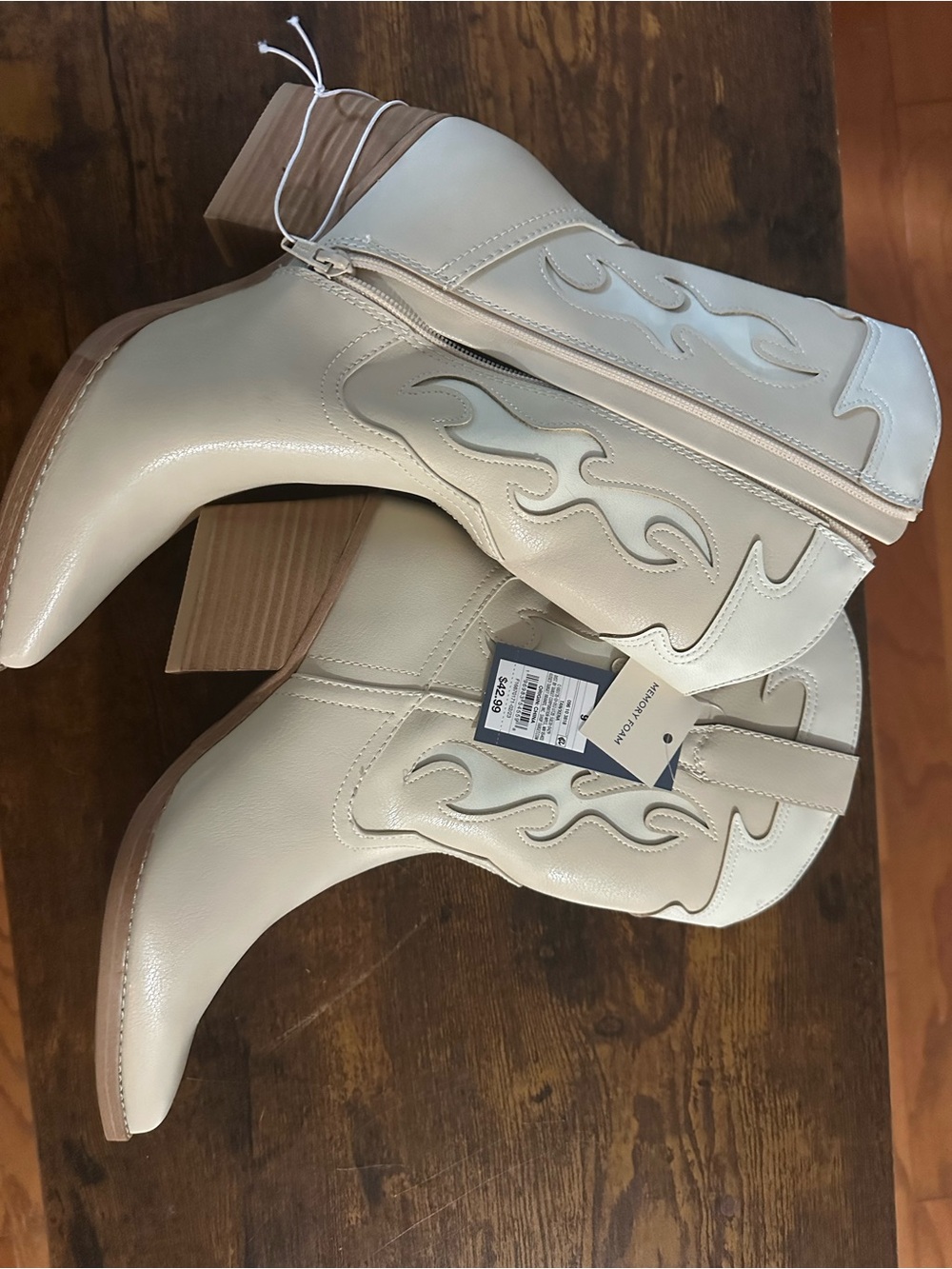 Universal Thread Cream Western-Style Ankle Boots with Stacked Heel